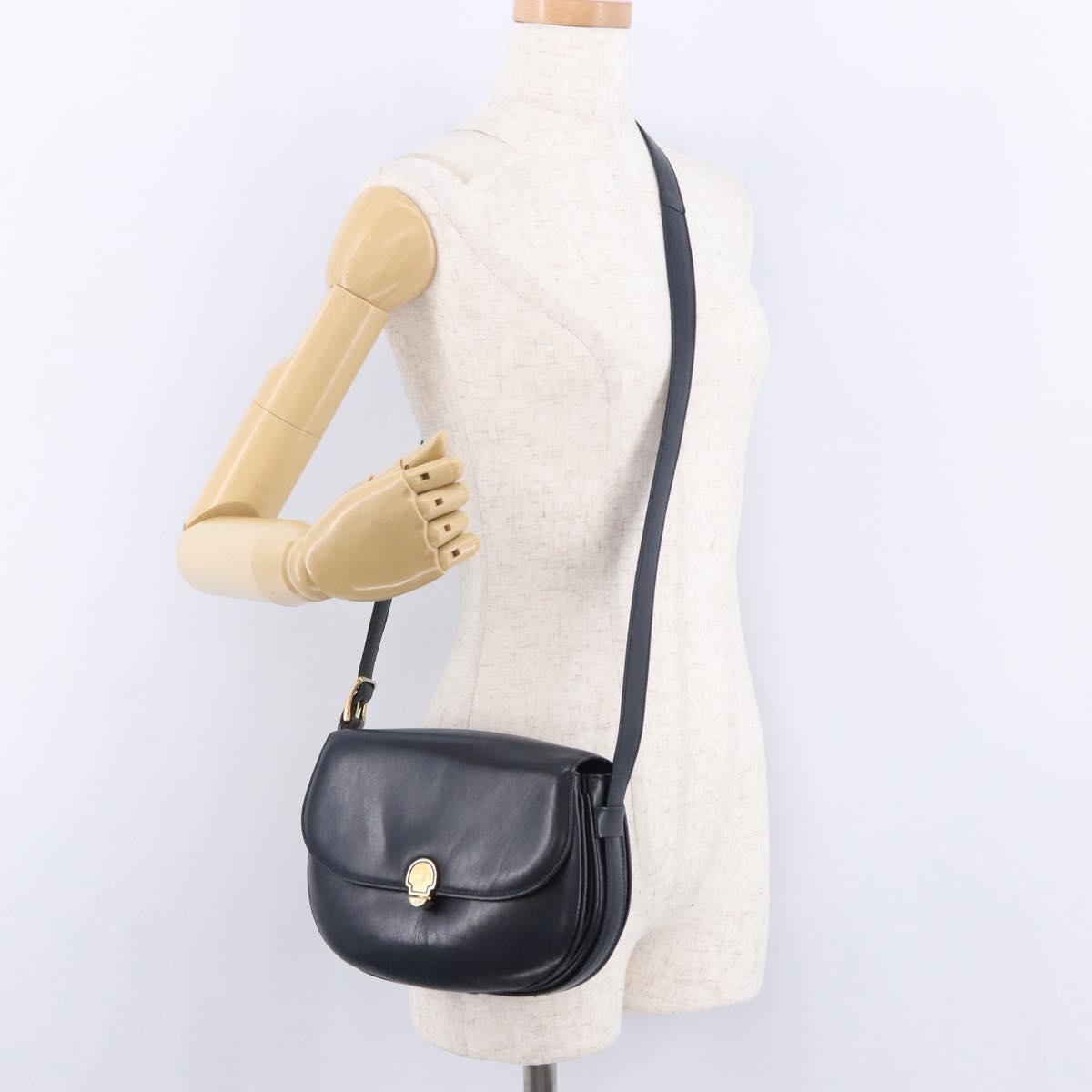 CELINE Shoulder Bag Leather Navy Gold Auth 193580A