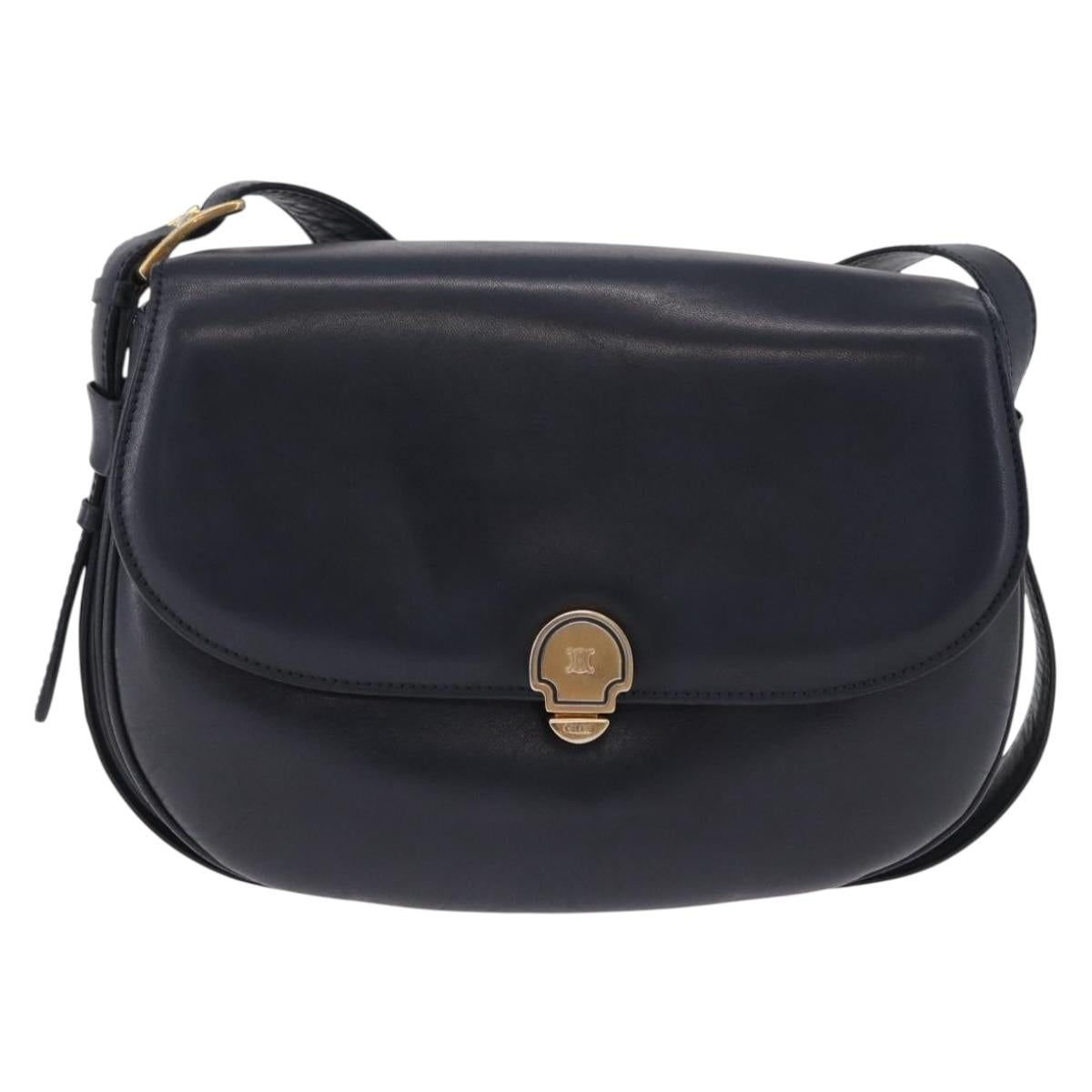 CELINE Shoulder Bag Leather Navy Gold Auth 193580A