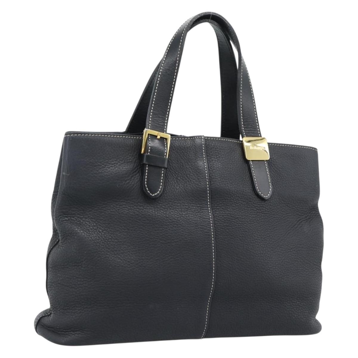 Burberrys Hand Bag Leather Black Gold Auth 193582A