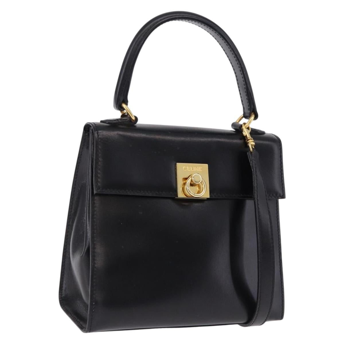 CELINE Hand Bag Leather 2way Black Gold Auth 193583A