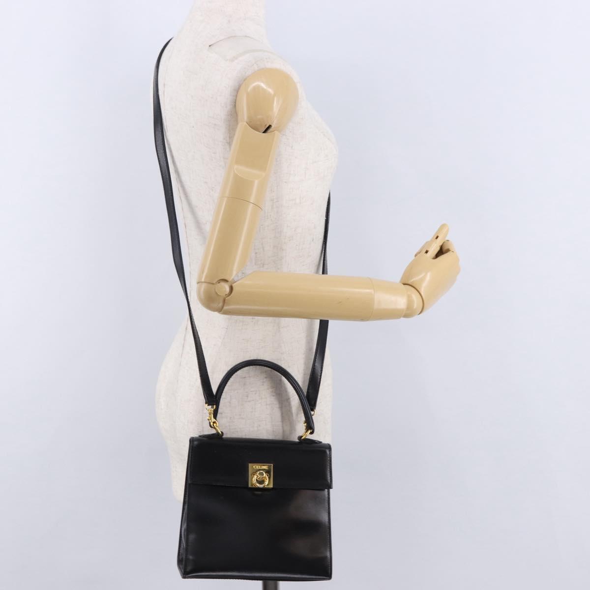 CELINE Hand Bag Leather 2way Black Gold Auth 193583A
