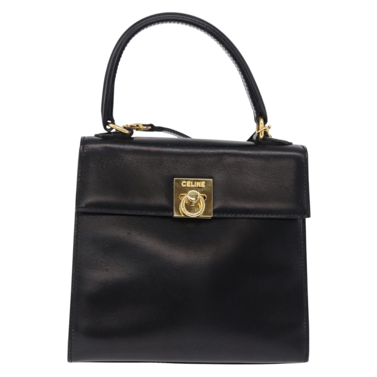 CELINE Hand Bag Leather 2way Black Gold Auth 193583A