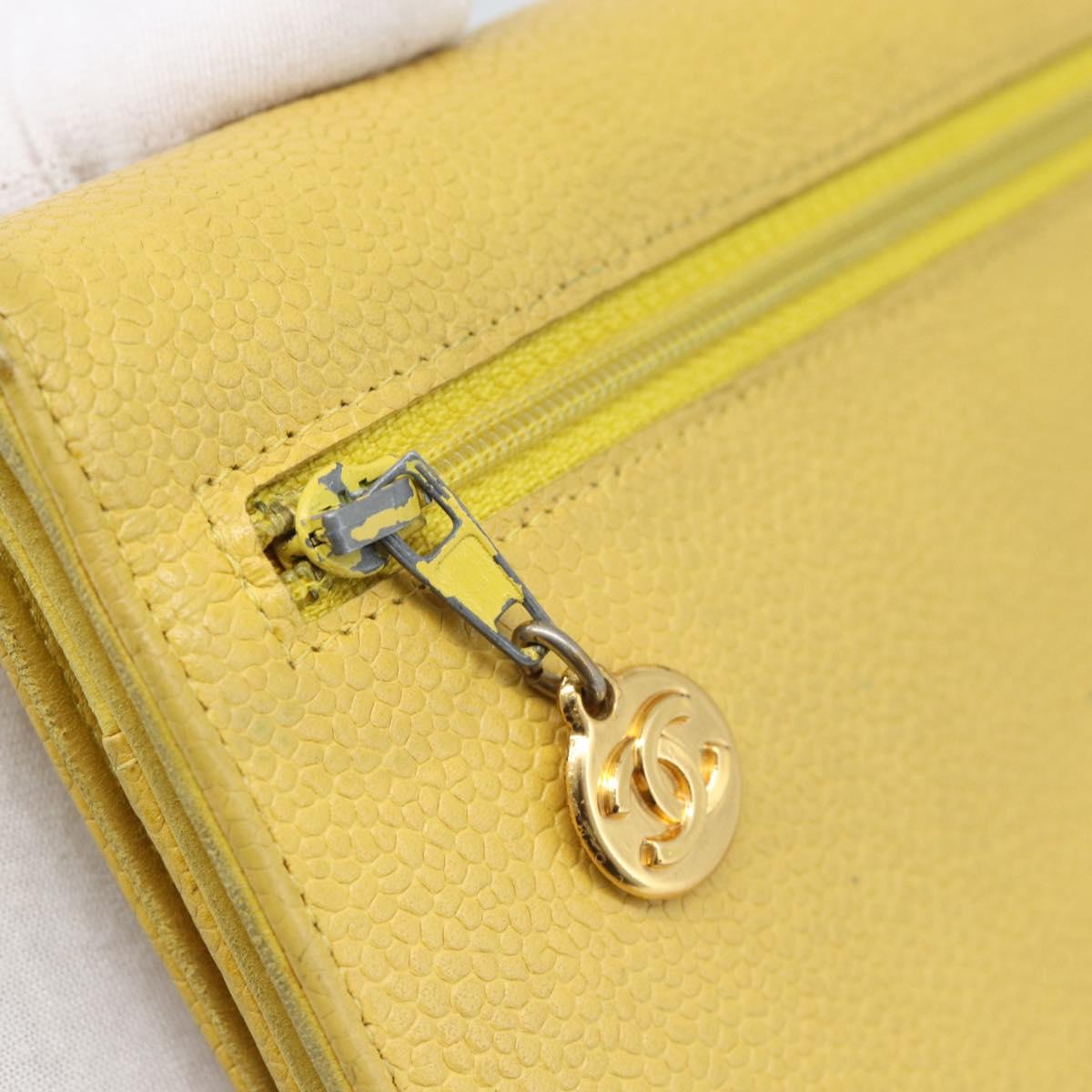 CHANEL COCO Mark Long Wallet Caviar Skin Yellow Gold CC Auth 193588
