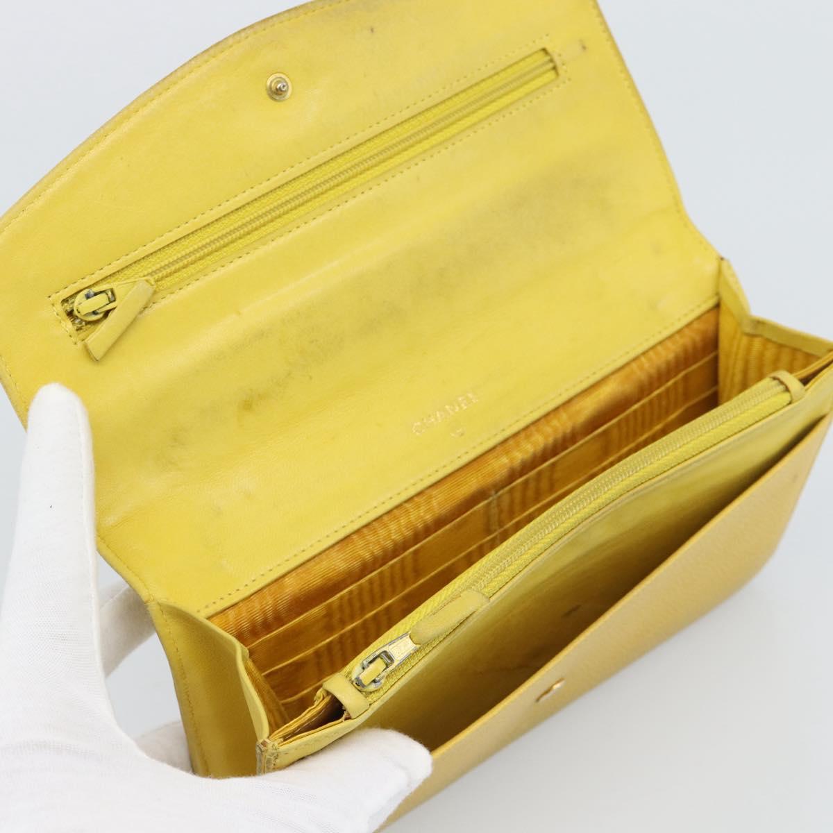 CHANEL COCO Mark Long Wallet Caviar Skin Yellow Gold CC Auth 193588