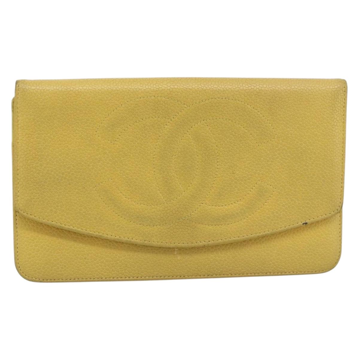 CHANEL COCO Mark Long Wallet Caviar Skin Yellow Gold CC Auth 193588