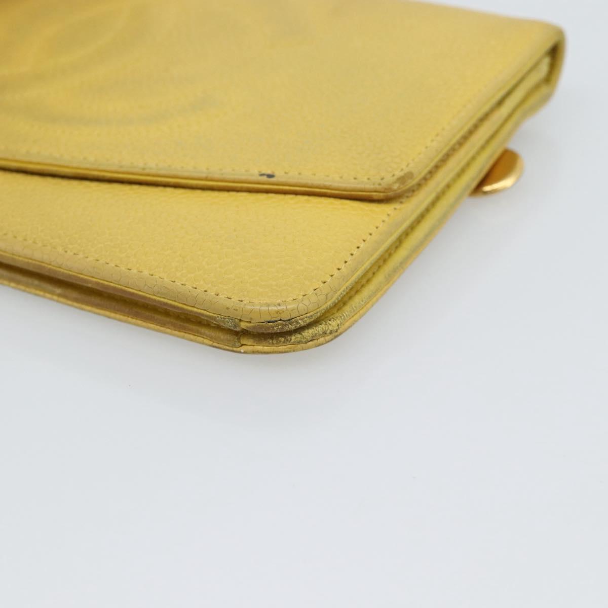 CHANEL COCO Mark Long Wallet Caviar Skin Yellow Gold CC Auth 193588