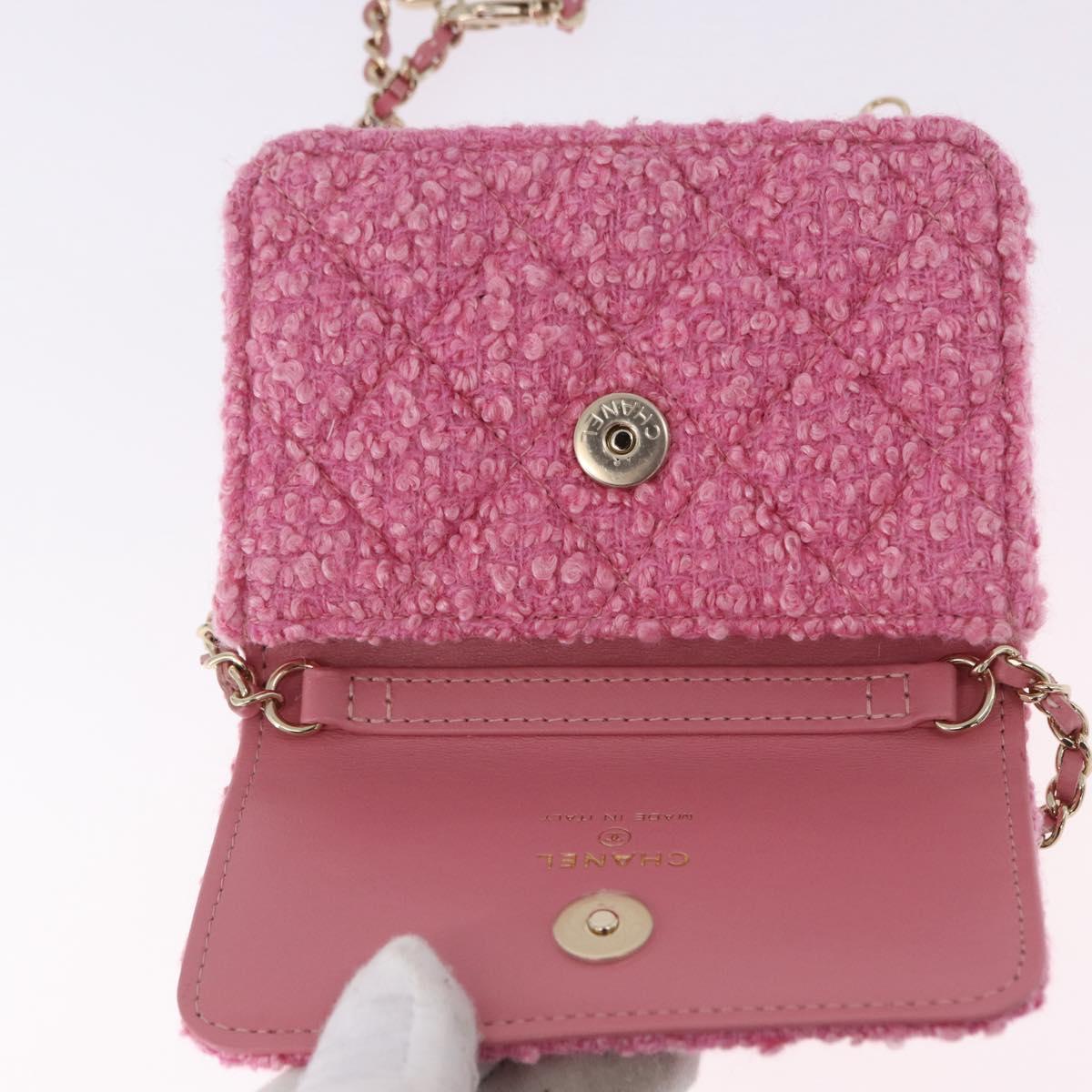 CHANEL Matelasse Chain Shoulder Pouch Tweed Pink Gold CC Auth 193594SAM