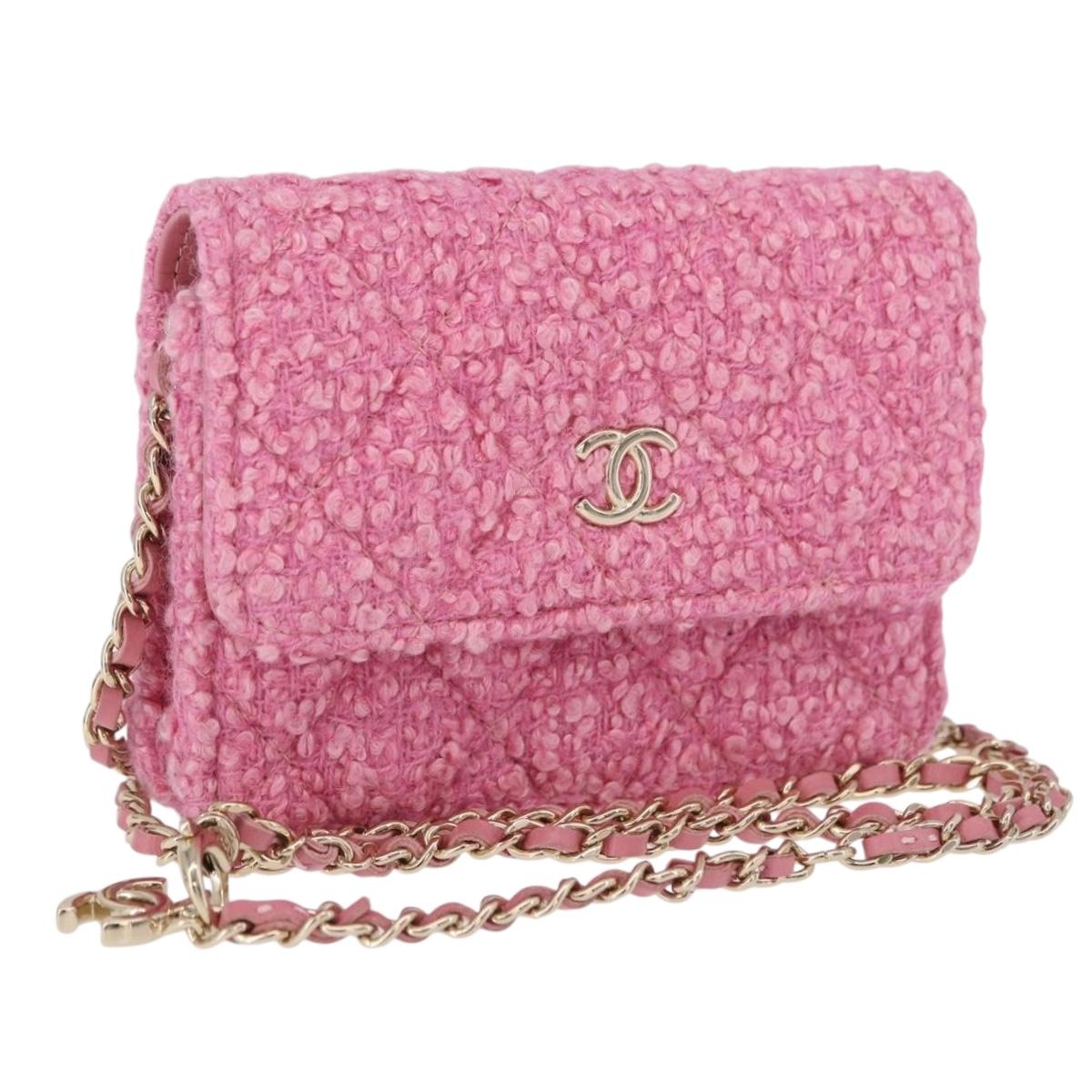 CHANEL Matelasse Chain Shoulder Pouch Tweed Pink Gold CC Auth 193594SAM