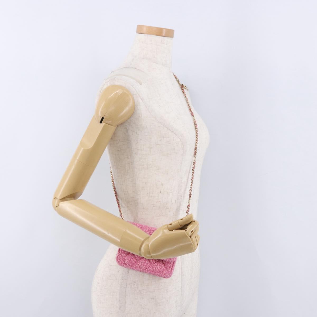 CHANEL Matelasse Chain Shoulder Pouch Tweed Pink Gold CC Auth 193594SAM