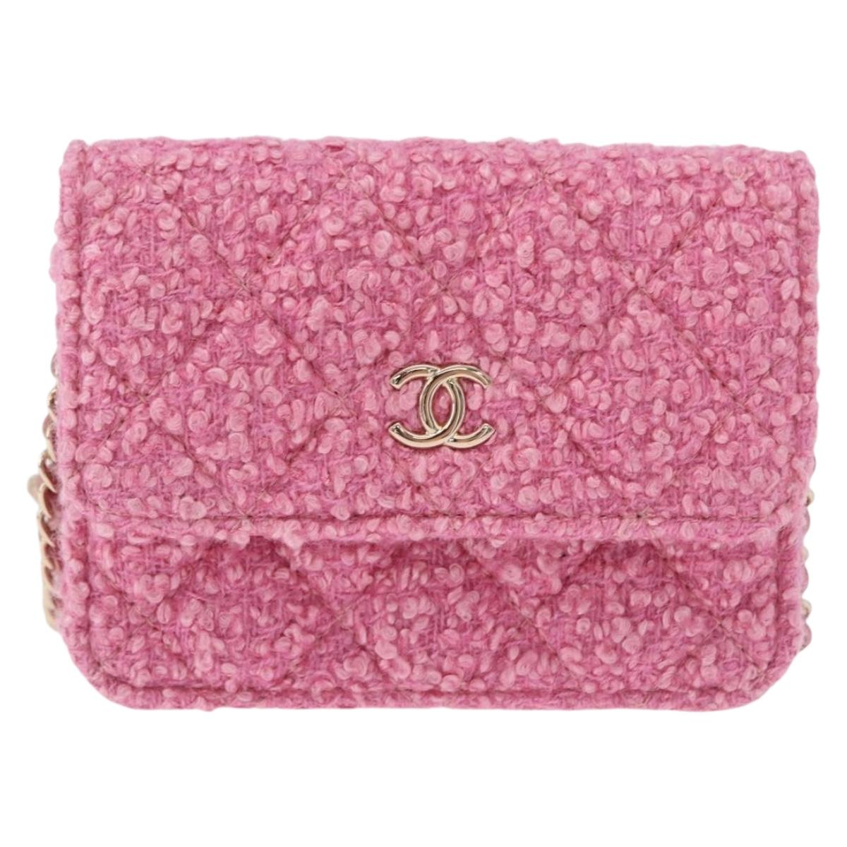 CHANEL Matelasse Chain Shoulder Pouch Tweed Pink Gold CC Auth 193594SAM