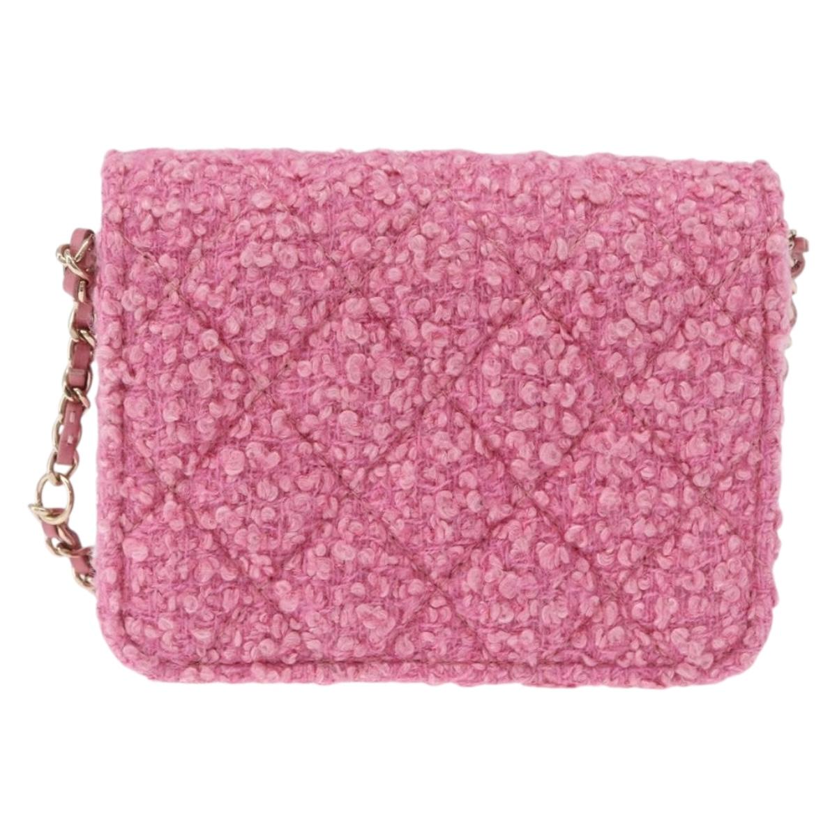 CHANEL Matelasse Chain Shoulder Pouch Tweed Pink Gold CC Auth 193594SAM