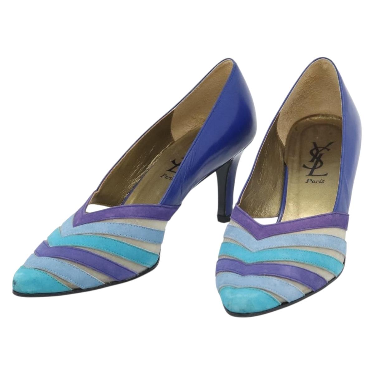 SAINT LAURENT Pumps Leather 37 Blue Auth 193709M
