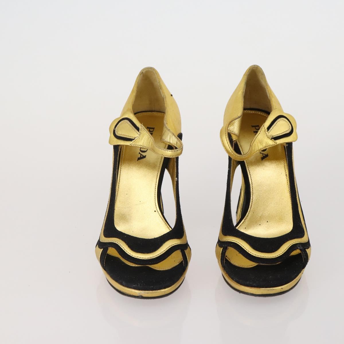 CELINE PRADA Sandals Leather 2 Set Beige Gold Auth 193715