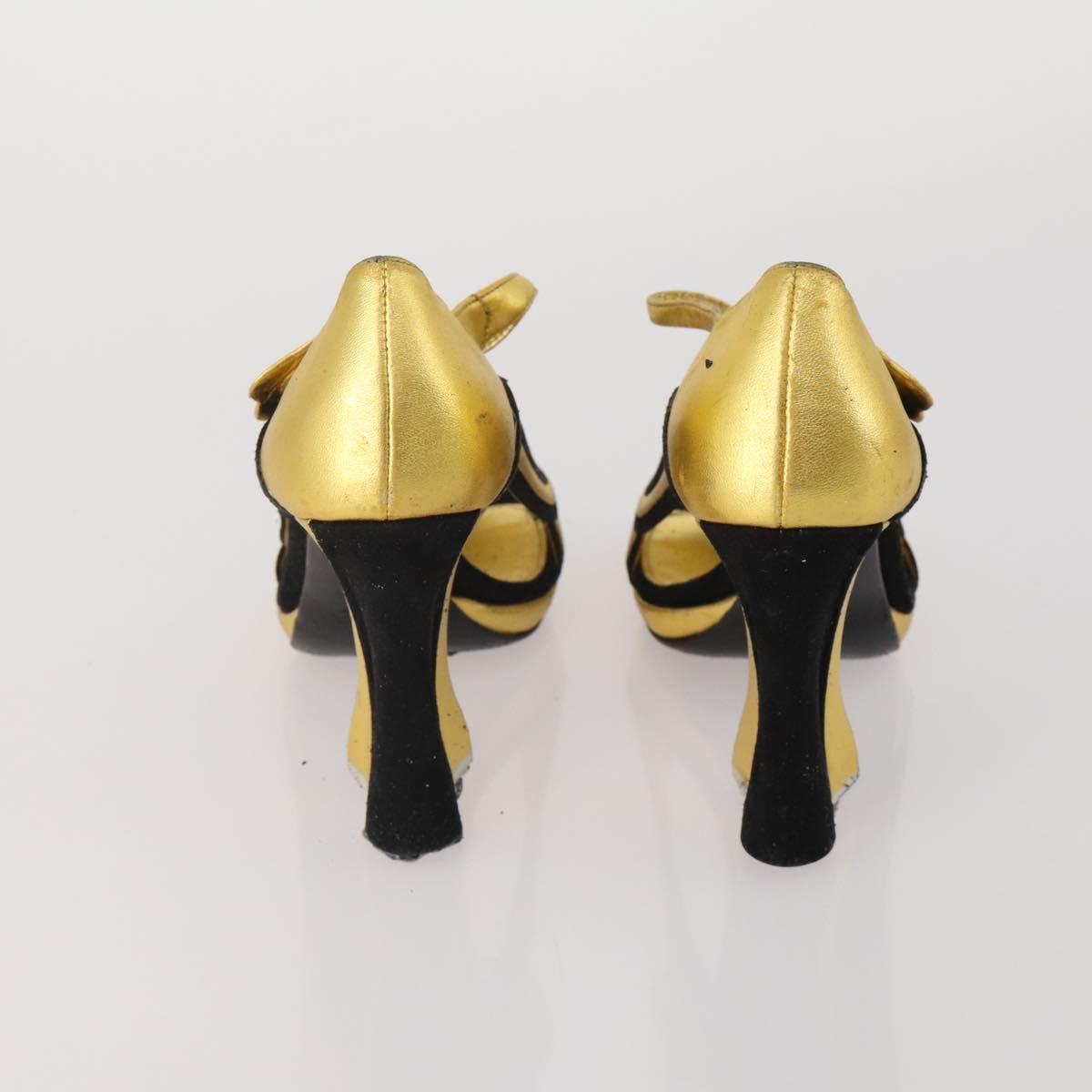 CELINE PRADA Sandals Leather 2 Set Beige Gold Auth 193715