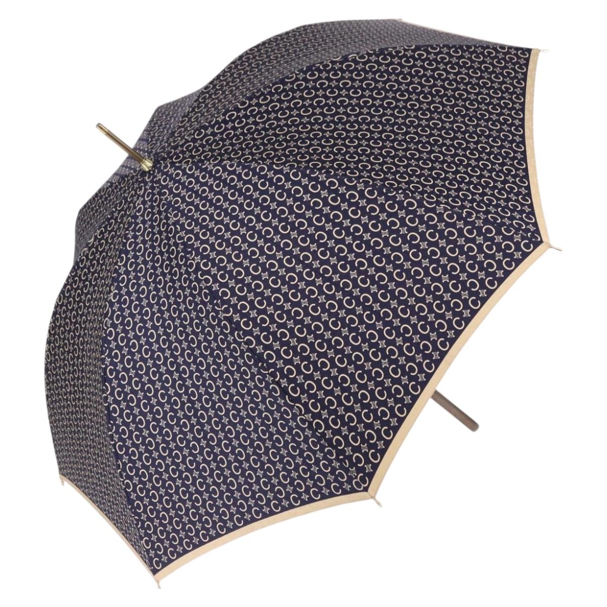 CELINE C Macadam Canvas Umbrella Nylon White Gold Auth 193721M