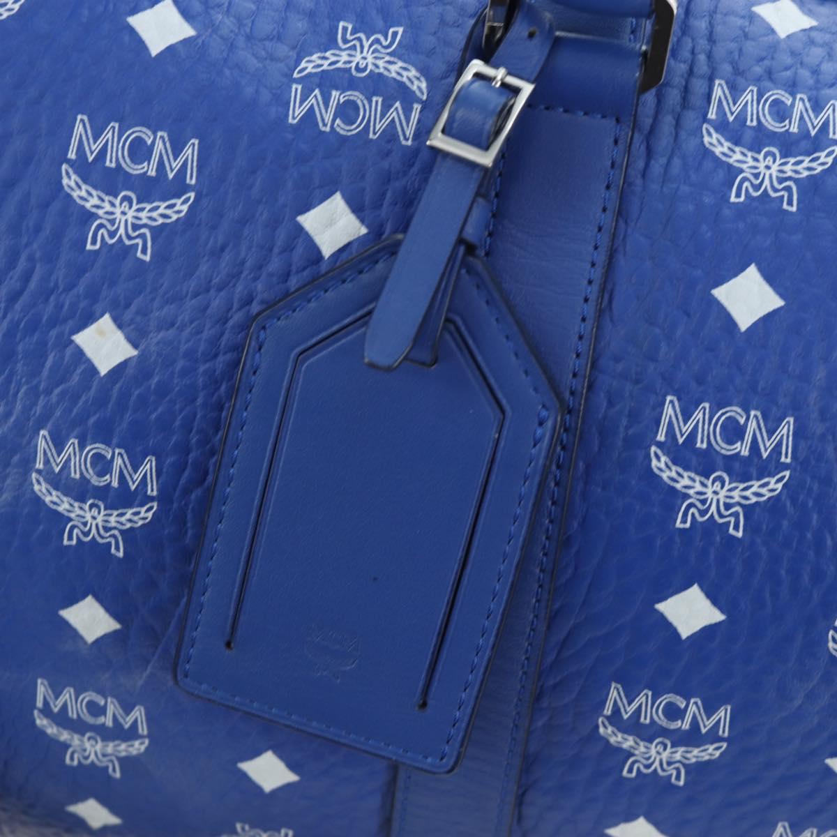 MCM Logogram Vicetos Mini Boston Bag Leather 2way Blue Silver Auth 193751V