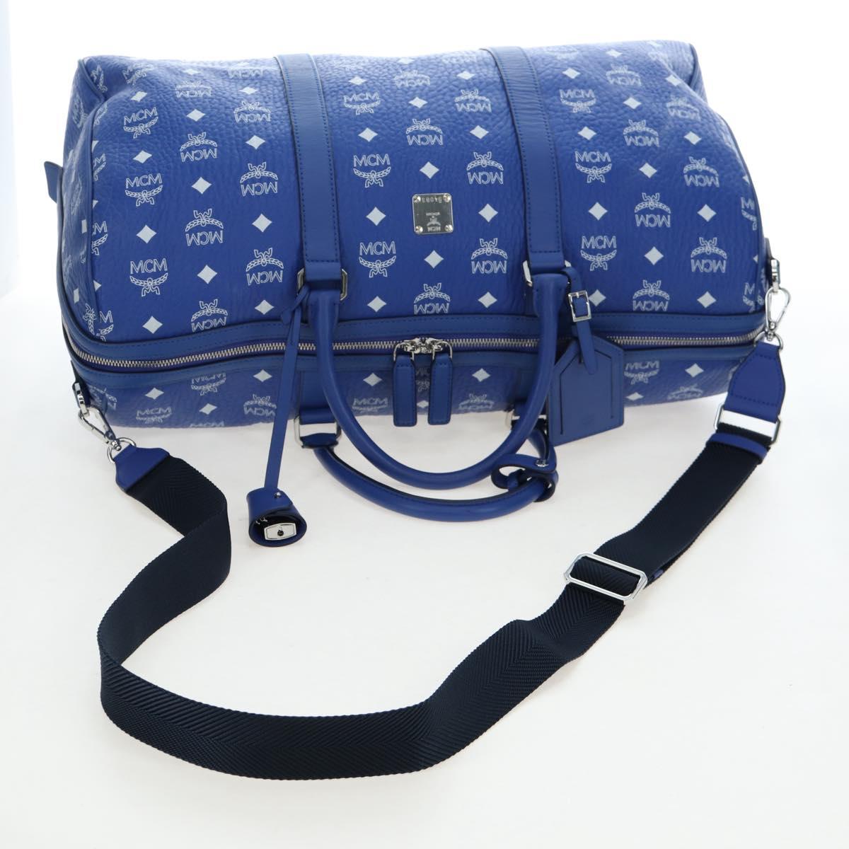 MCM Logogram Vicetos Mini Boston Bag Leather 2way Blue Silver Auth 193751V