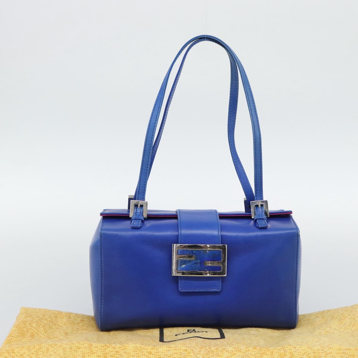 FENDI Mamma Baguette Shoulder Bag Leather Blue Silver Auth 193754V