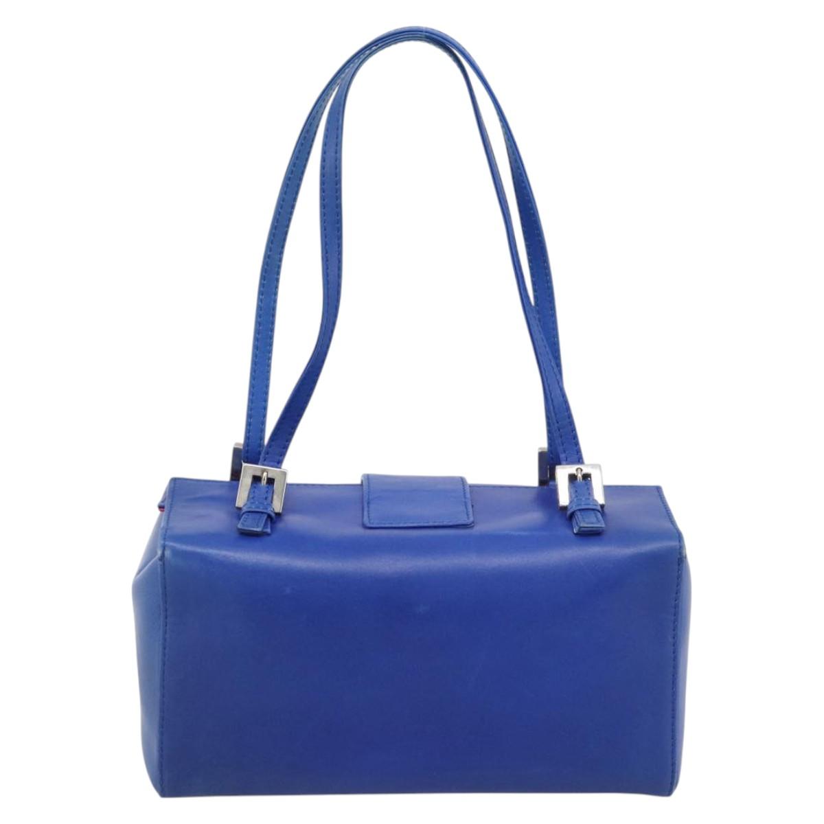 FENDI Mamma Baguette Shoulder Bag Leather Blue Silver Auth 193754V