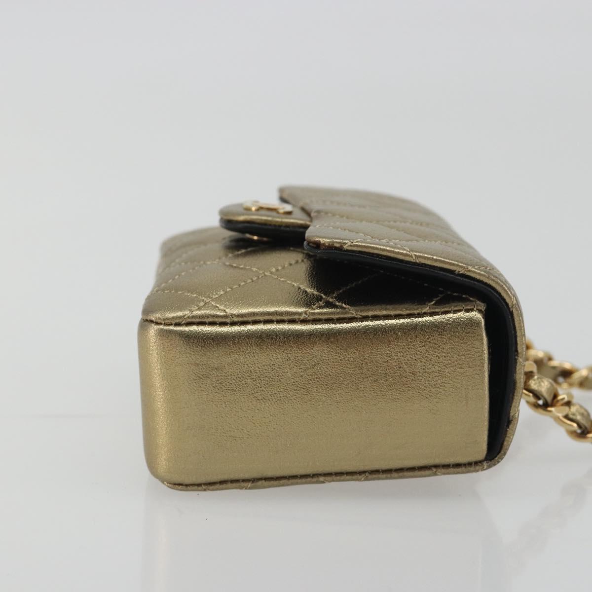 CHANEL Mini Mini Matelasse 10 Chain Hand Pouch Lamb Skin Gold CC Auth 193763A