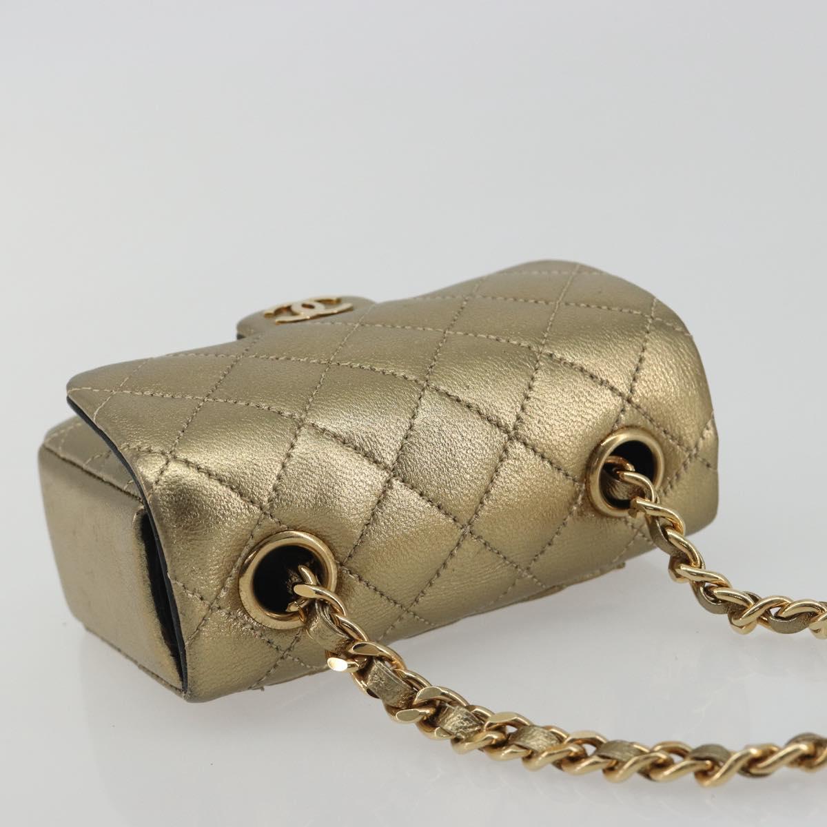 CHANEL Mini Mini Matelasse 10 Chain Hand Pouch Lamb Skin Gold CC Auth 193763A