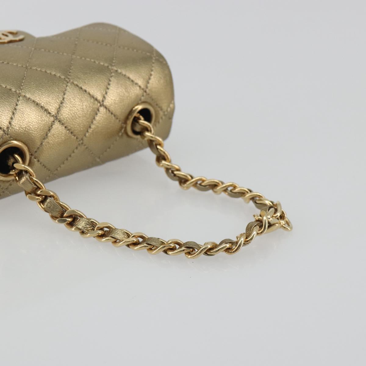 CHANEL Mini Mini Matelasse 10 Chain Hand Pouch Lamb Skin Gold CC Auth 193763A