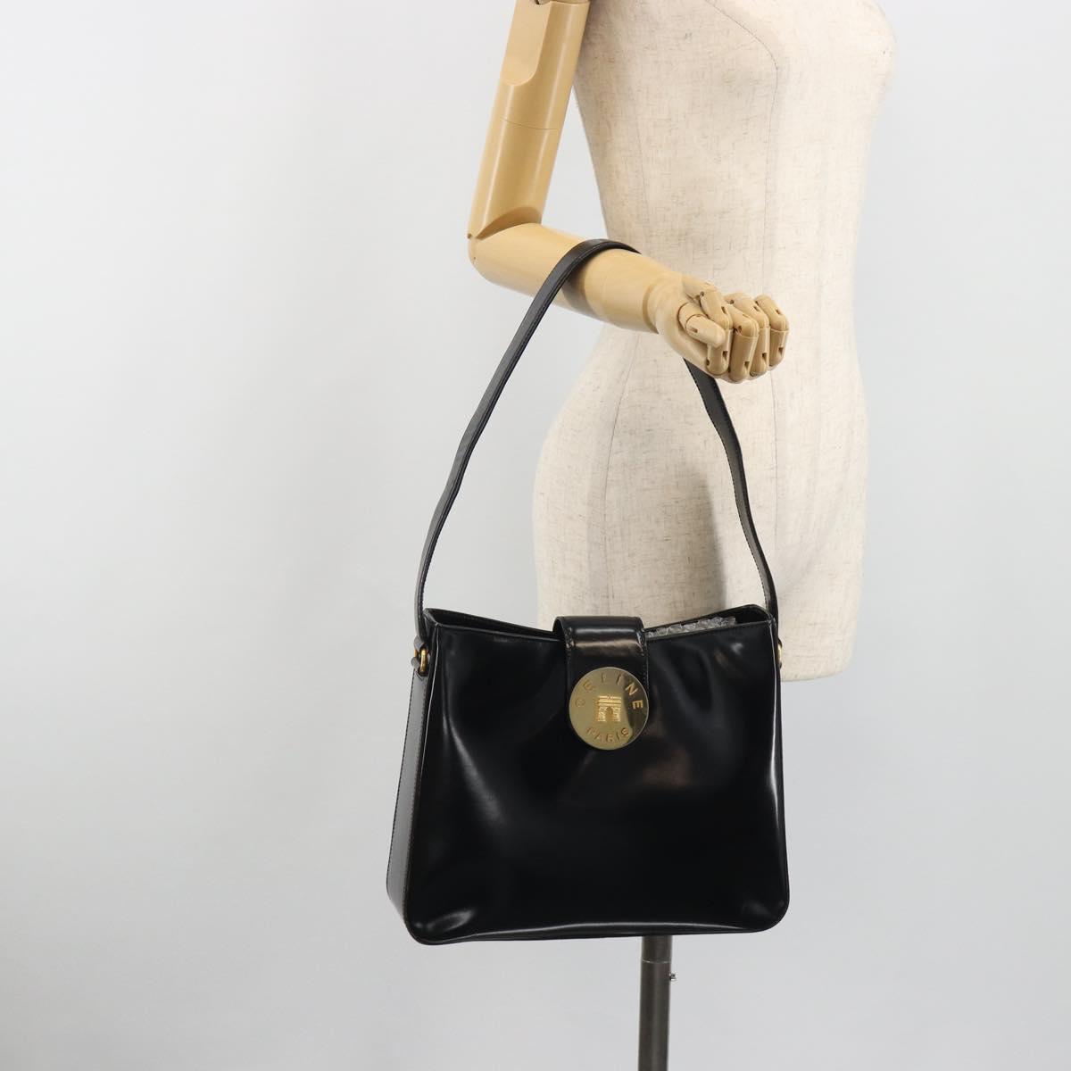 CELINE Shoulder Bag Leather Black Gold Auth 193781A