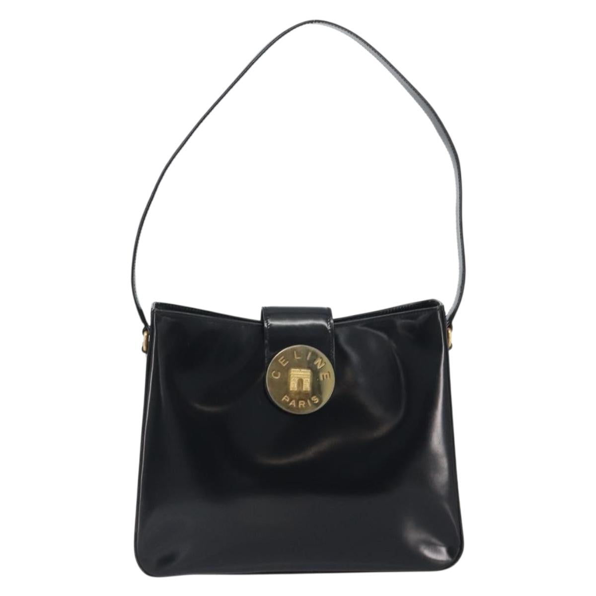 CELINE Shoulder Bag Leather Black Gold Auth 193781A