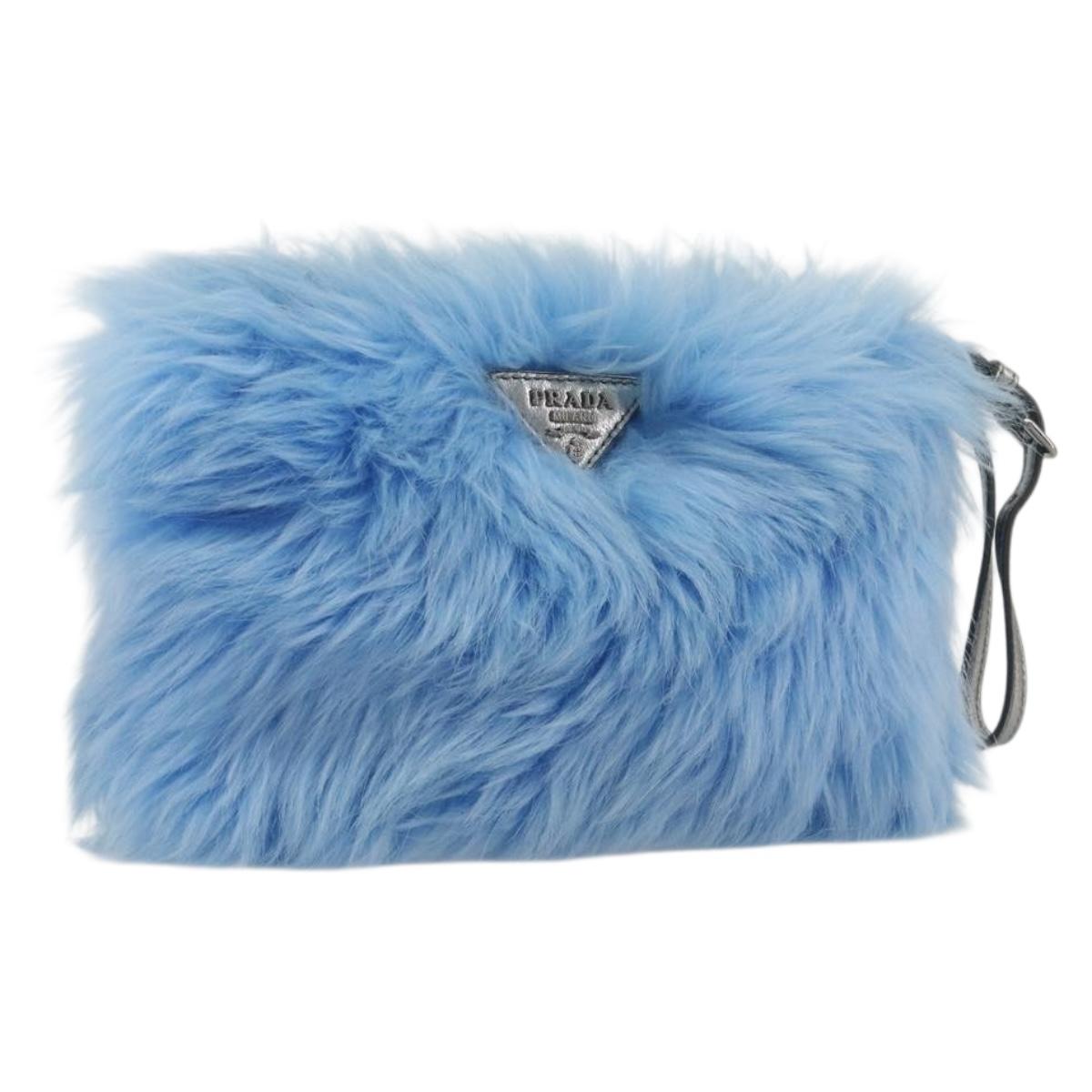 PRADA Clutch Bag Fur Blue Silver Auth 193790M