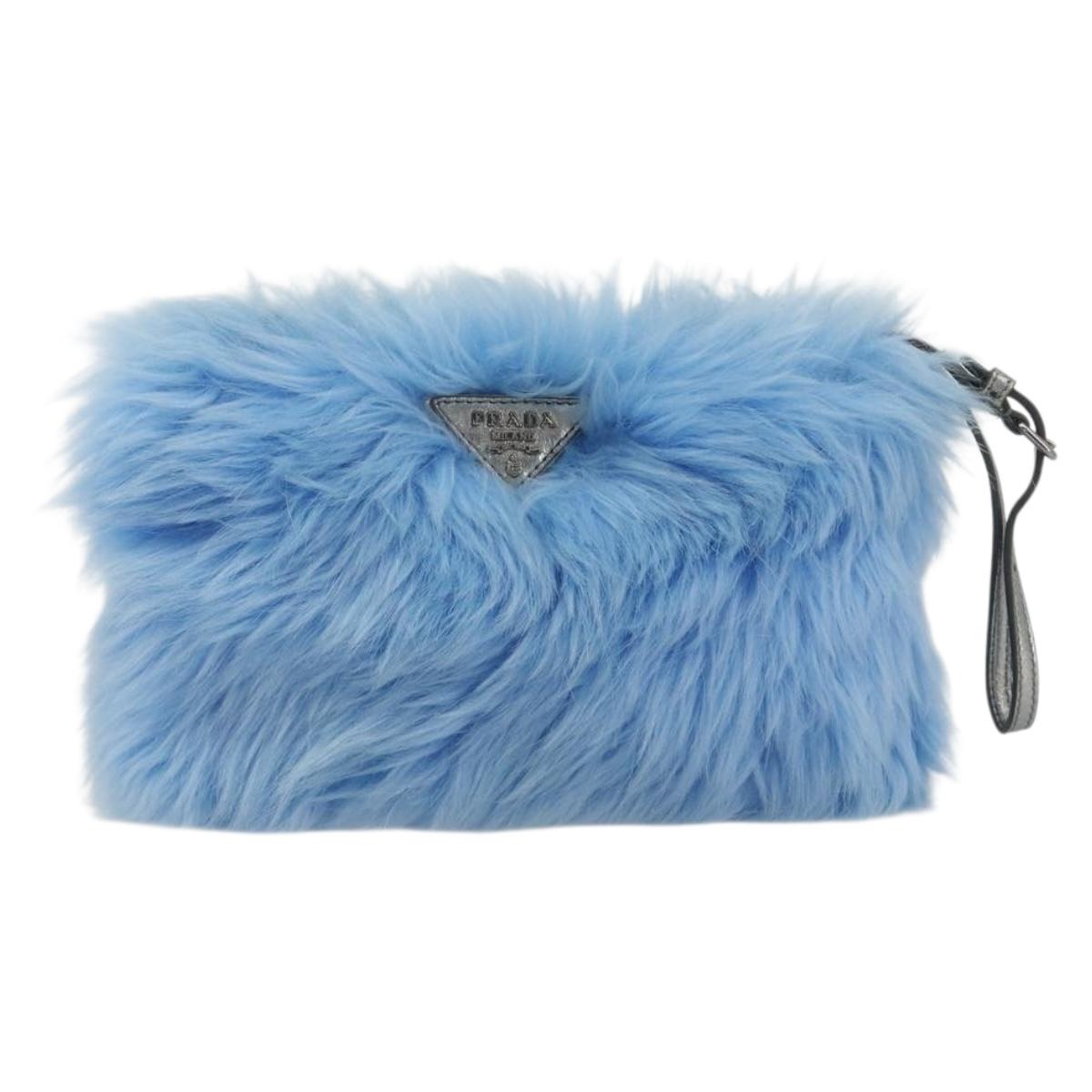 PRADA Clutch Bag Fur Blue Silver Auth 193790M