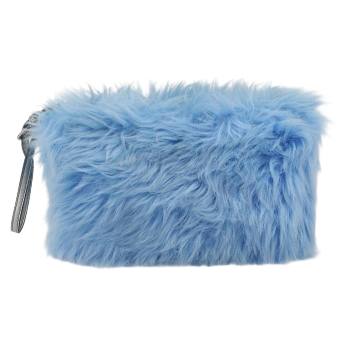 PRADA Clutch Bag Fur Blue Silver Auth 193790M