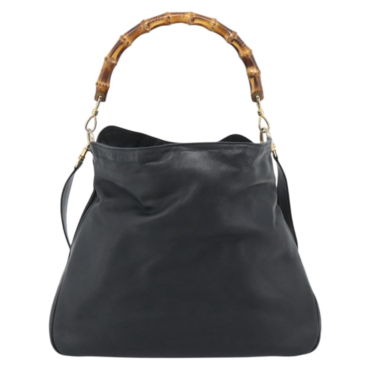 GUCCI Bamboo Hand Bag Leather 2way Black Gold 001 1638 1577 Auth 193791