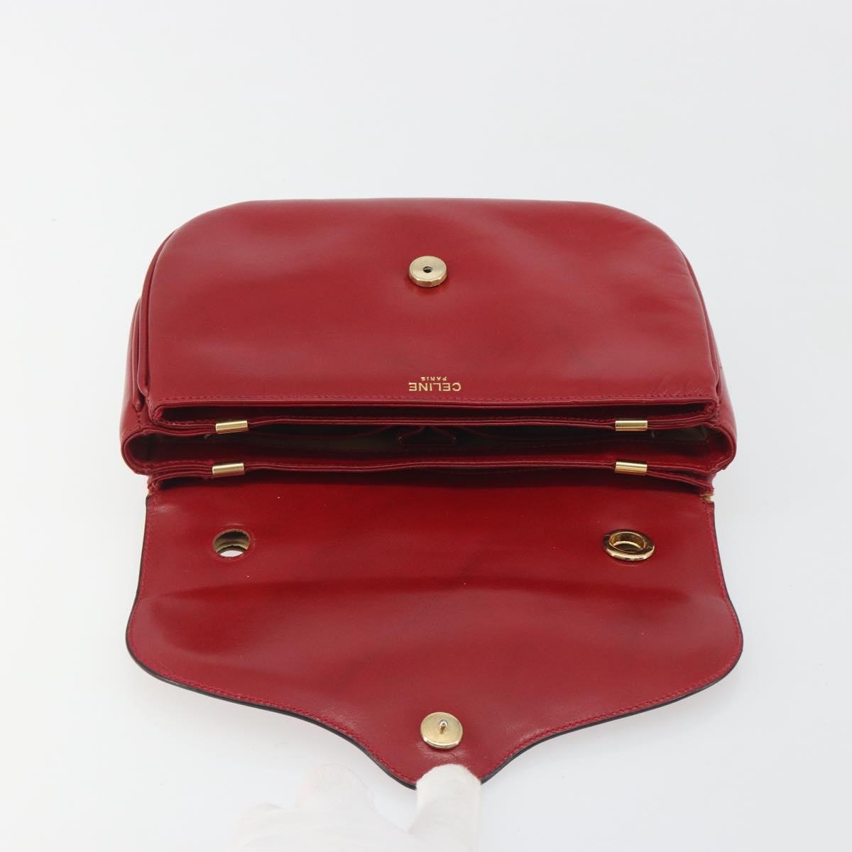 CELINE Chain Shoulder Bag Leather Red Gold Auth 193798