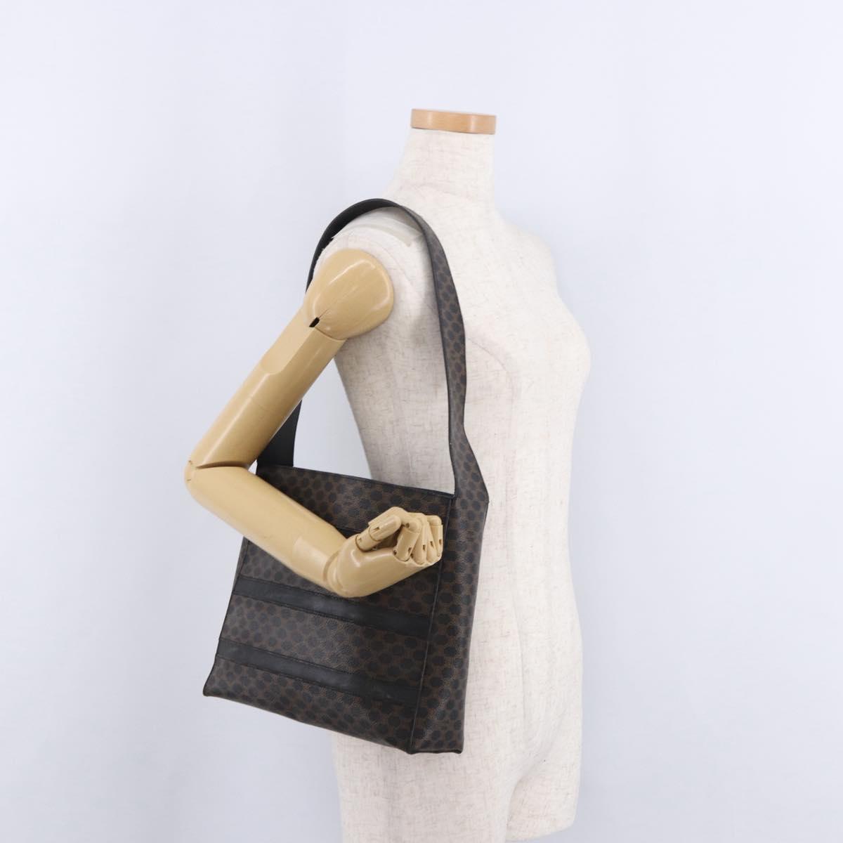 CELINE Macadam Canvas Shoulder Bag PVC Leather Black Gold Auth 193854