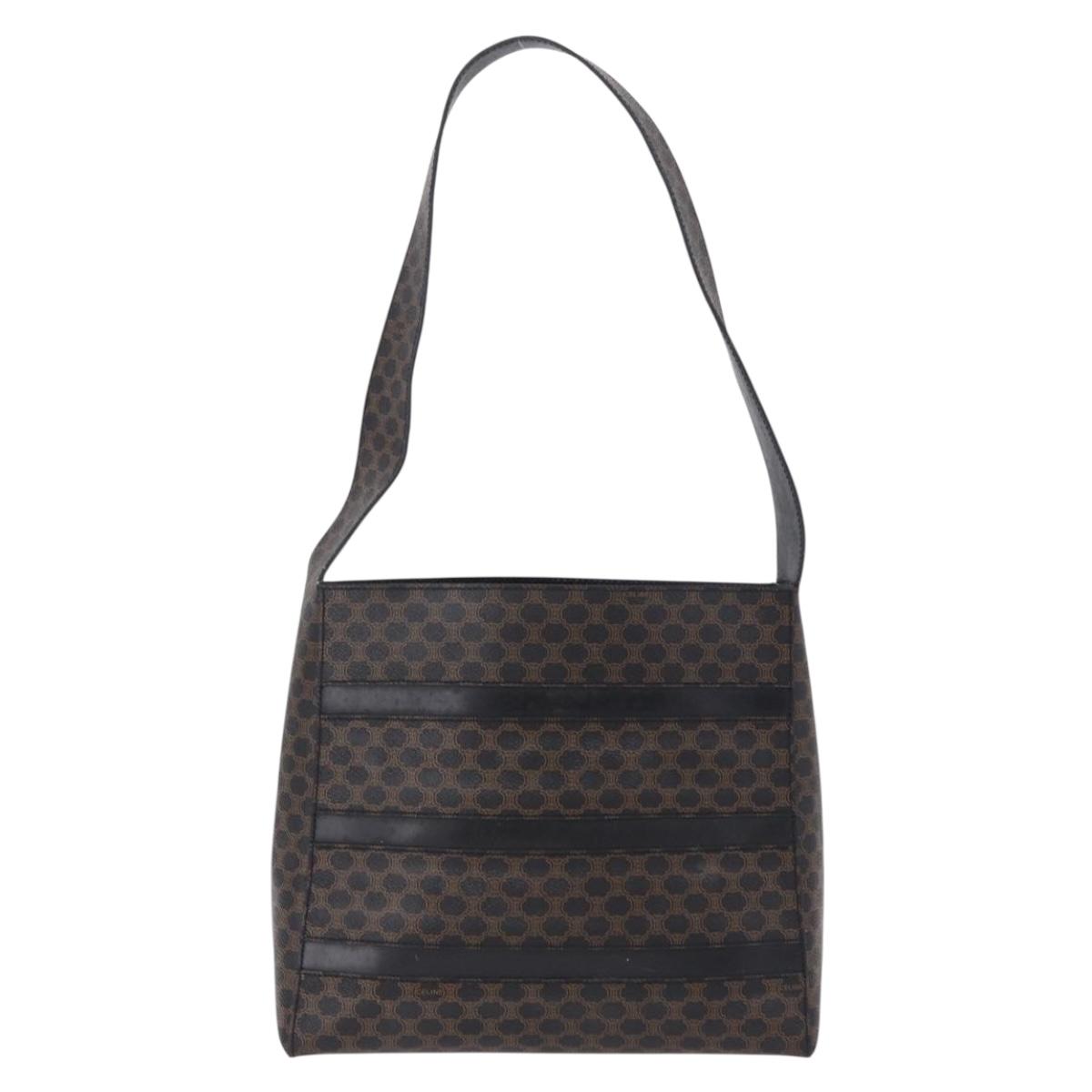 CELINE Macadam Canvas Shoulder Bag PVC Leather Black Gold Auth 193854