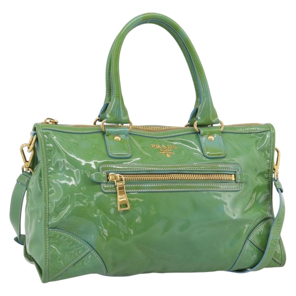 PRADA Hand Bag Patent Leather 2way Green Gold Auth 193855A