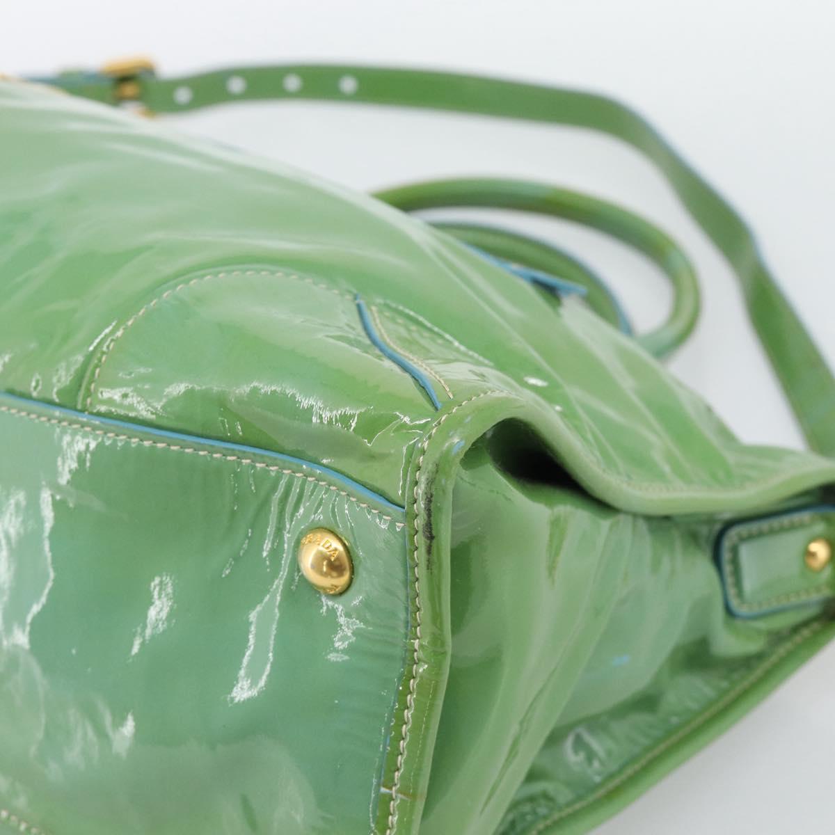 PRADA Hand Bag Patent Leather 2way Green Gold Auth 193855A