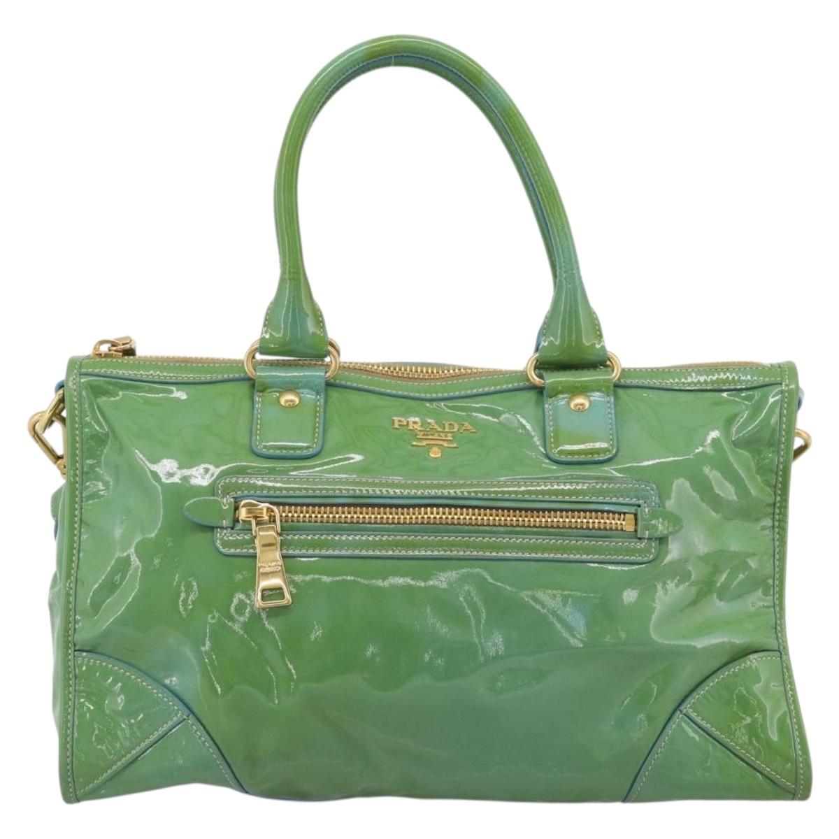 PRADA Hand Bag Patent Leather 2way Green Gold Auth 193855A
