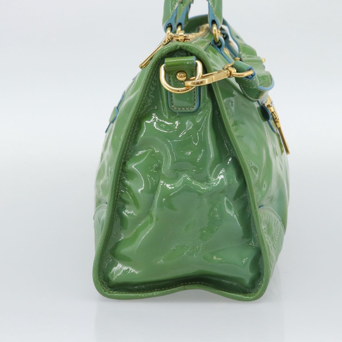 PRADA Hand Bag Patent Leather 2way Green Gold Auth 193855A