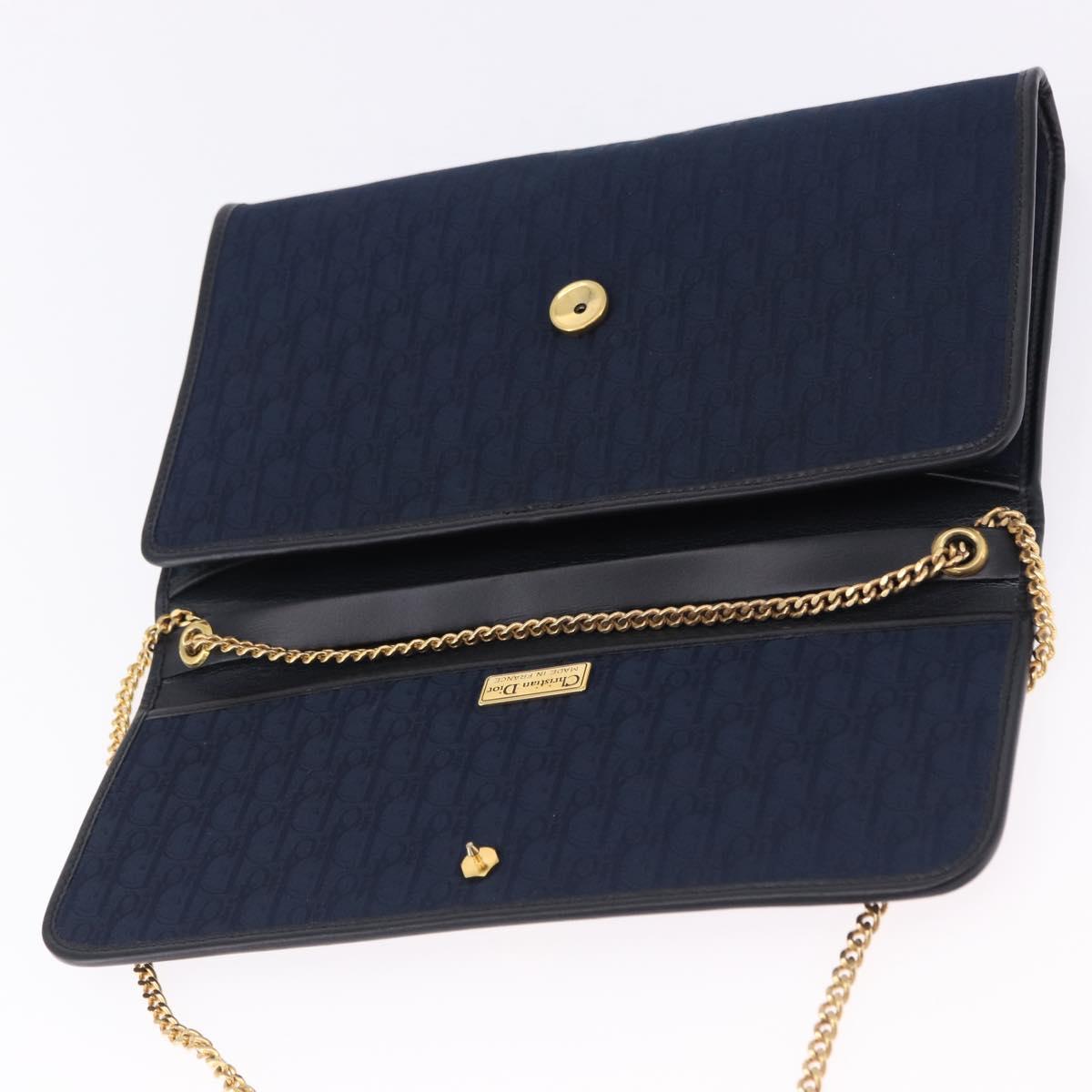 Christian Dior Trotter Canvas Chain Shoulder Bag Navy Gold Auth 193861