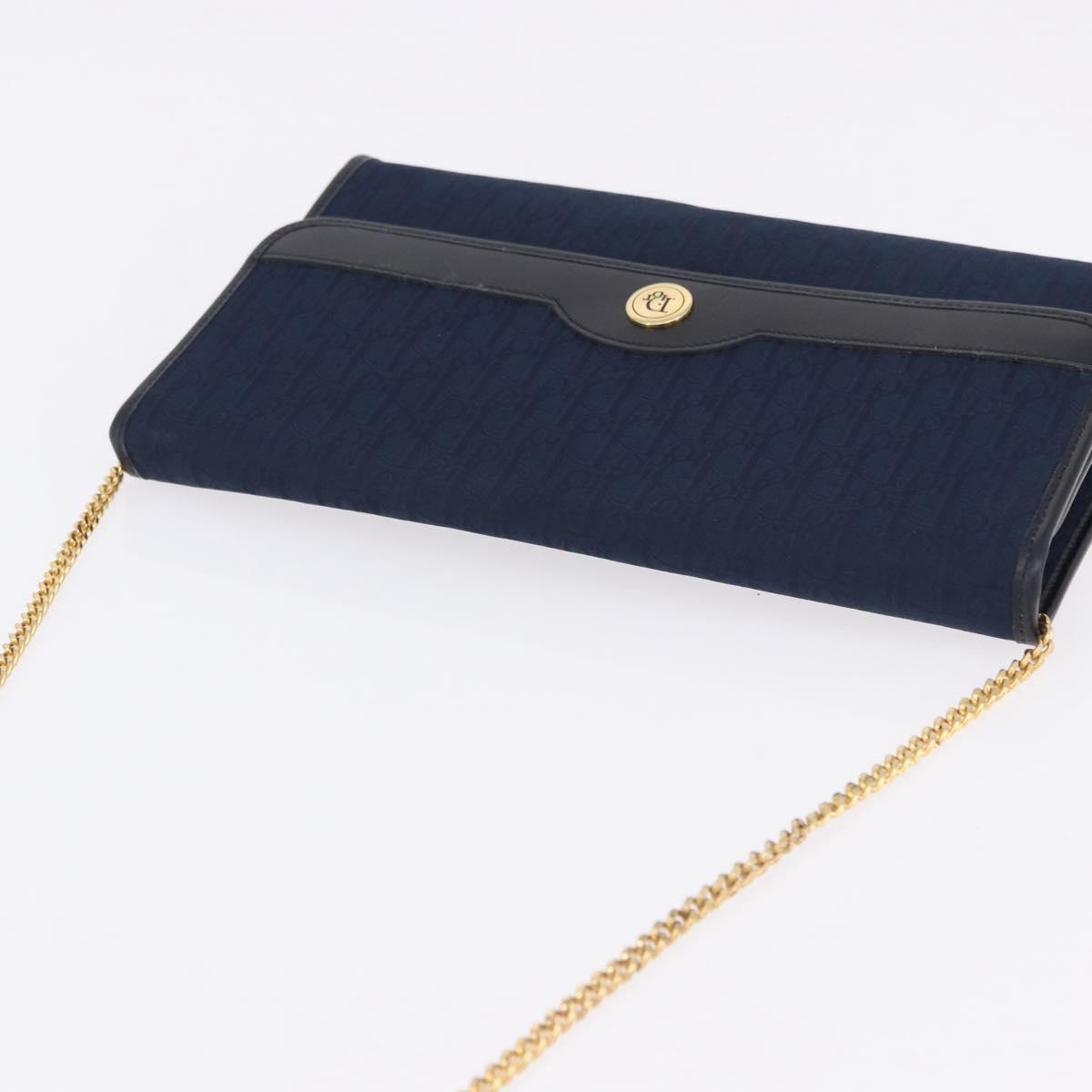 Christian Dior Trotter Canvas Chain Shoulder Bag Navy Gold Auth 193861