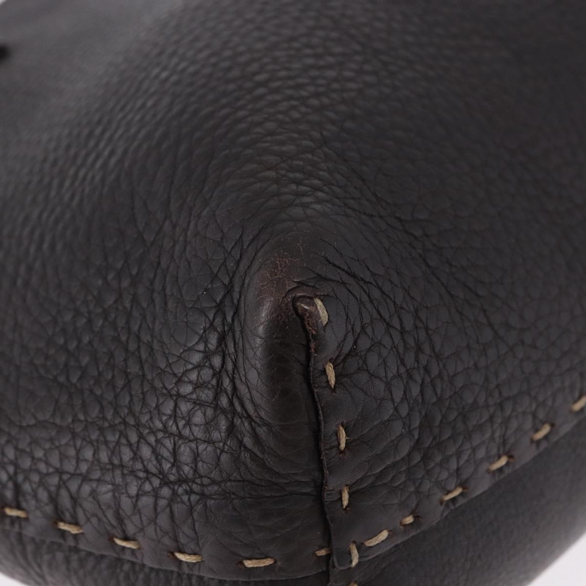 FENDI Celeria Tote Bag Leather Dark Brown Silver Auth 193863