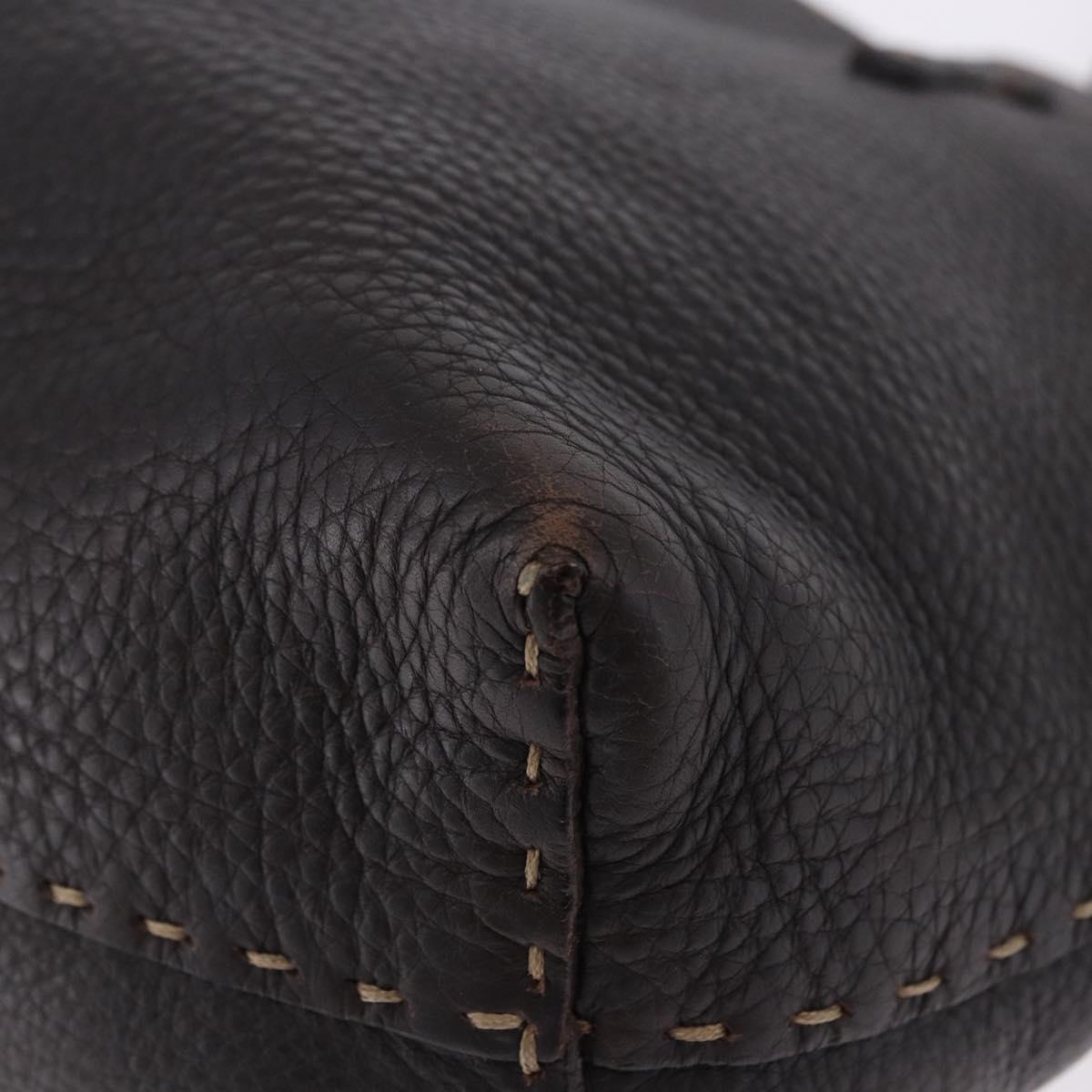 FENDI Celeria Tote Bag Leather Dark Brown Silver Auth 193863