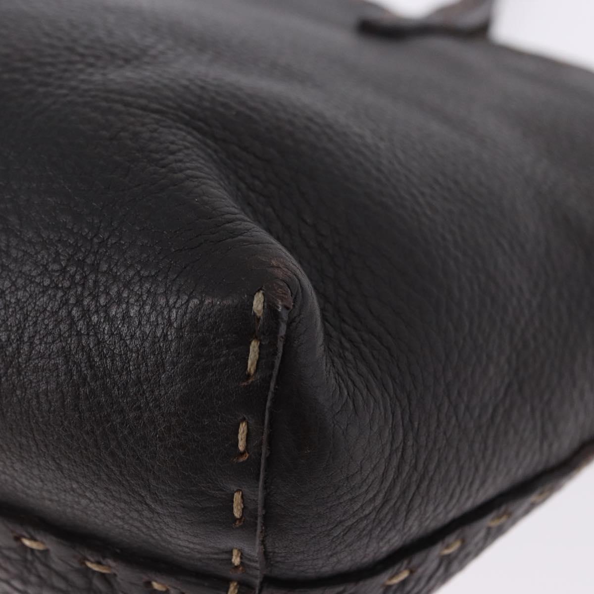 FENDI Celeria Tote Bag Leather Dark Brown Silver Auth 193863