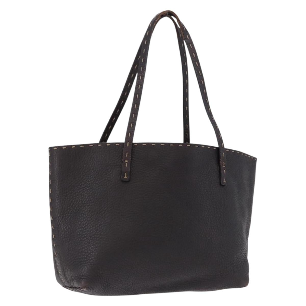 FENDI Celeria Tote Bag Leather Dark Brown Silver Auth 193863