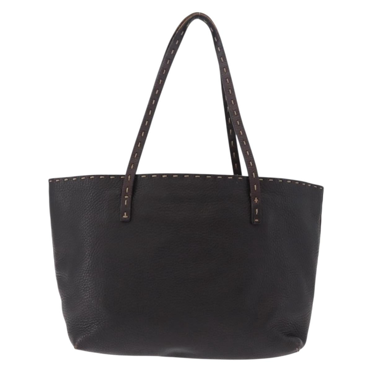 FENDI Celeria Tote Bag Leather Dark Brown Silver Auth 193863