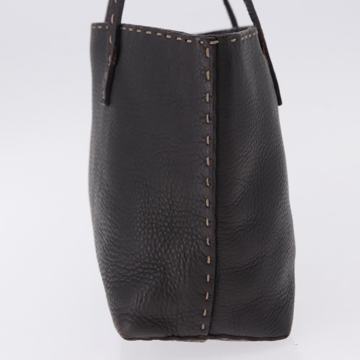 FENDI Celeria Tote Bag Leather Dark Brown Silver Auth 193863