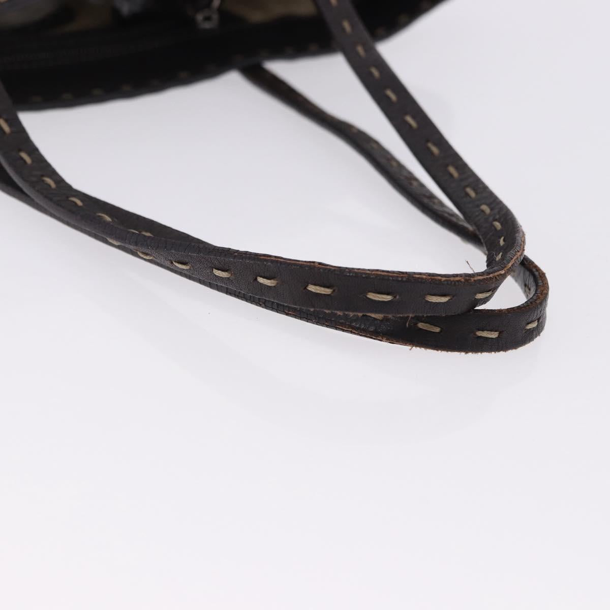 FENDI Celeria Tote Bag Leather Dark Brown Silver Auth 193863