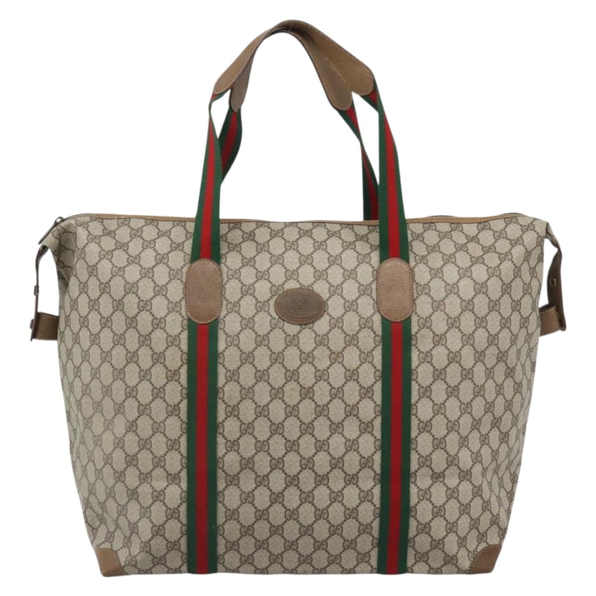 GUCCI GG Supreme Web Sherry Line Boston Bag PVC Beige Gold Auth 193876