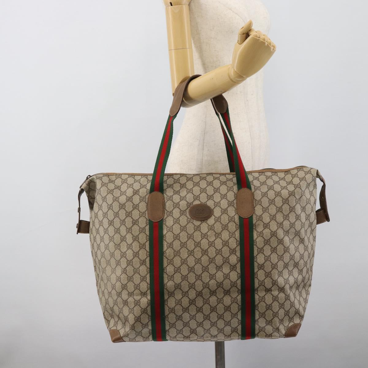 GUCCI GG Supreme Web Sherry Line Boston Bag PVC Beige Gold Auth 193876